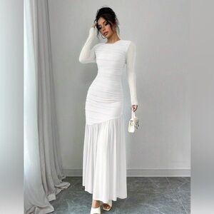 Elegant White Ruched Long-Sleeve Maxi Dress